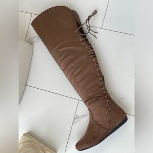 Brown Knee-High Lace-Up Boots